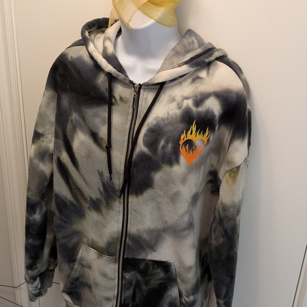 Tie-Dye Zip-Up Hoodie with Flame Heart Patch